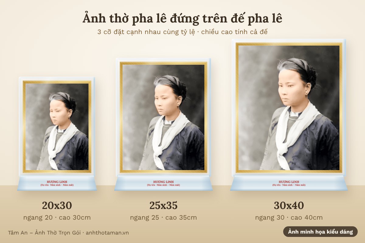 Ảnh thờ pha lê đứng trên đế pha lê 3 cỡ 20x30, 25x35, 30x40 đặt cạnh nhau