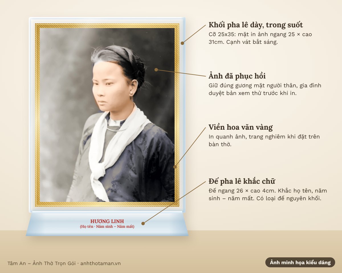 Chi tiết ảnh thờ pha lê 25x35: khối pha lê, viền hoa văn vàng, đế pha lê khắc chữ